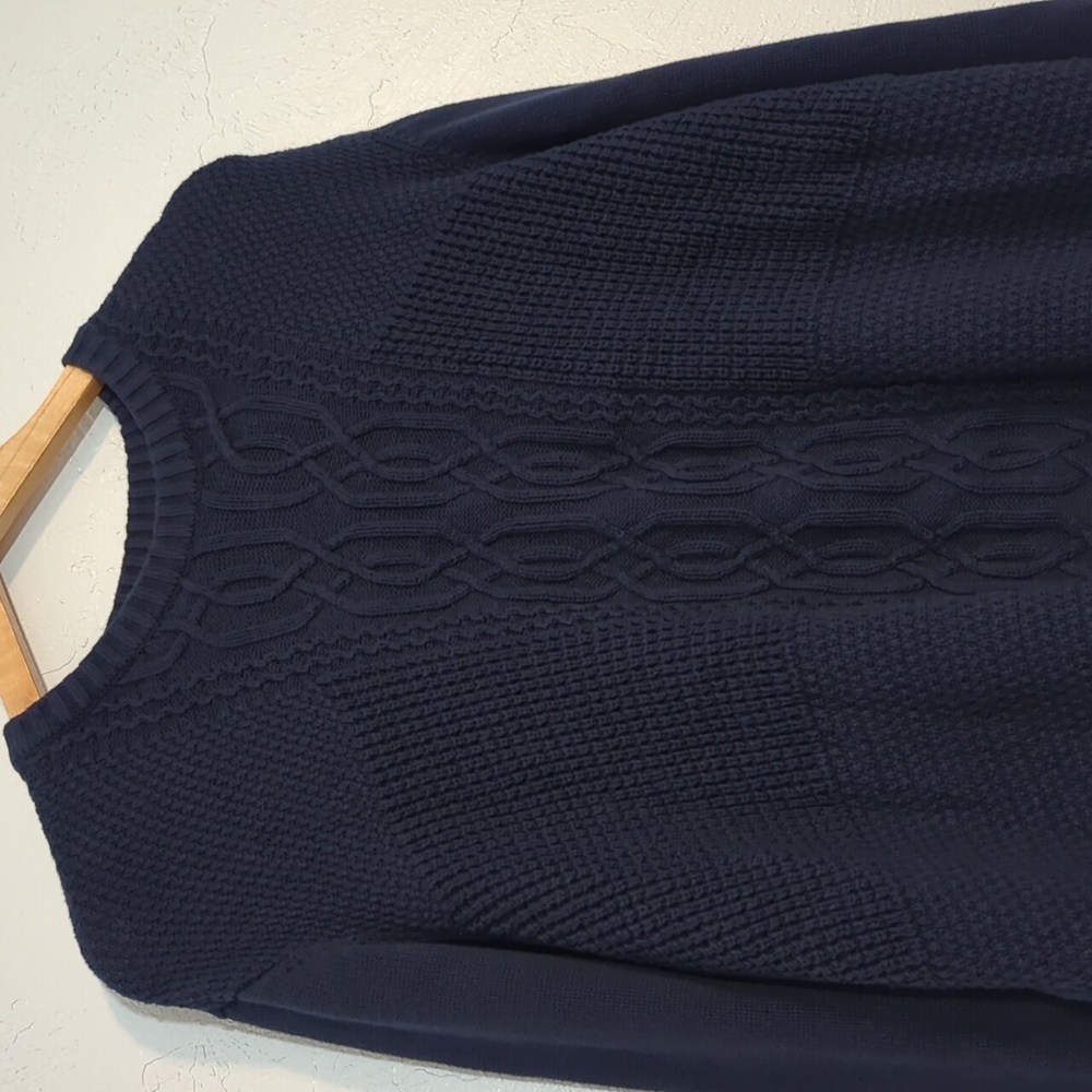 Mens Navy Blue Cotton Fisherman Knit Crewneck Sweater Preppy Coastal Timeless